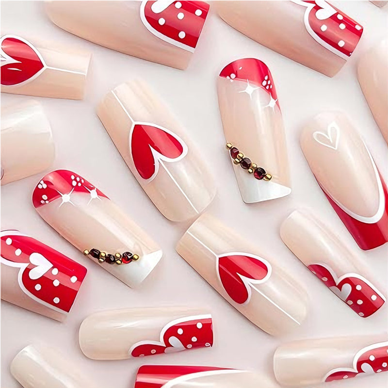 24 PCS Red And White Heart Nail Art, Long Length Long Water Pipe Fake Nails,Square Head Nail Tips False Nail