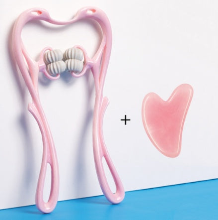 Six Wheel Neck Massager with pink ergonomic design and jade roller for muscle relief and relaxation