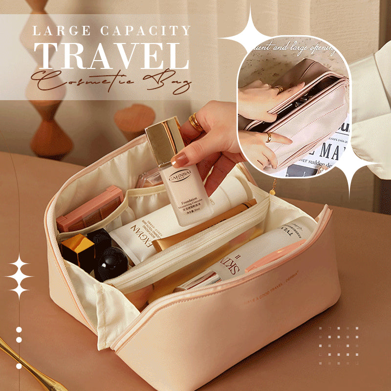 Large capacity travel cosmetic bag with organized makeup products inside for easy access and stylish travel.