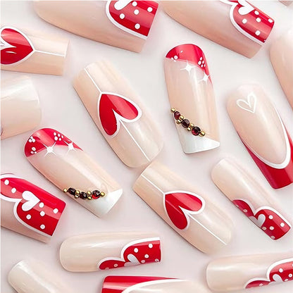 24 PCS Red And White Heart Nail Art, Long Length Long Water Pipe Fake Nails,Square Head Nail Tips False Nail