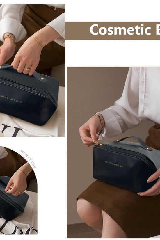 Large capacity travel cosmetic bag with organized makeup products inside for easy access and stylish travel.