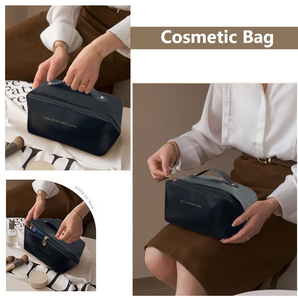 Large capacity travel cosmetic bag with organized makeup products inside for easy access and stylish travel.