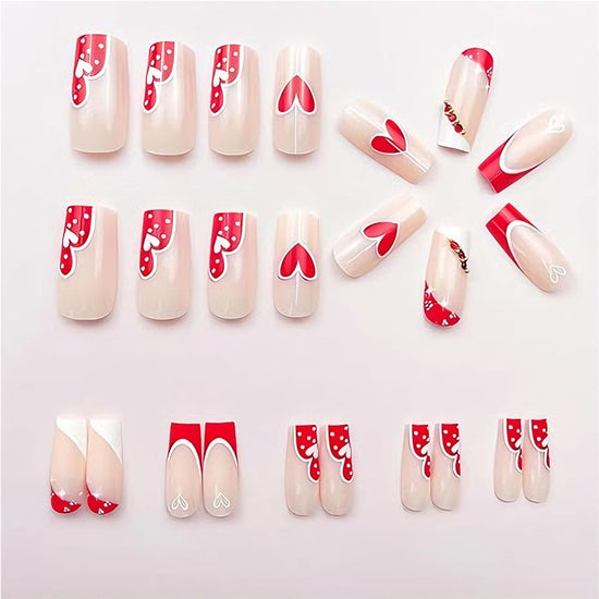 24 PCS Red And White Heart Nail Art, Long Length Long Water Pipe Fake Nails,Square Head Nail Tips False Nail
