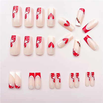 24 PCS Red And White Heart Nail Art, Long Length Long Water Pipe Fake Nails,Square Head Nail Tips False Nail