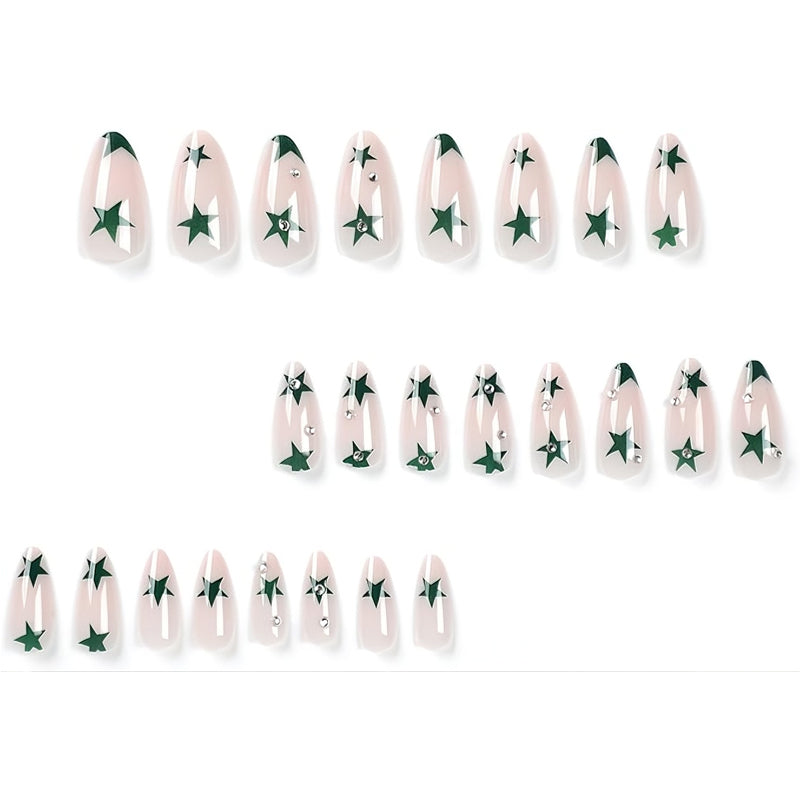 24 PCS Green Star Nail Art, Length Long Water Pipe Fake Nails, Had Nail Tips False Nail