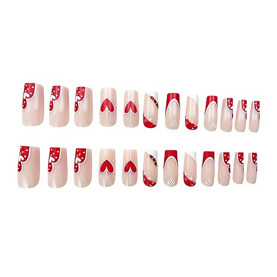 24 PCS Red And White Heart Nail Art, Long Length Long Water Pipe Fake Nails,Square Head Nail Tips False Nail
