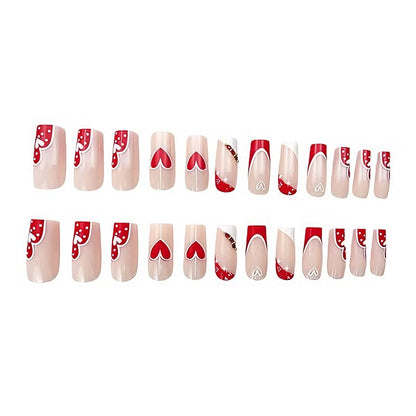 24 PCS Red And White Heart Nail Art, Long Length Long Water Pipe Fake Nails,Square Head Nail Tips False Nail