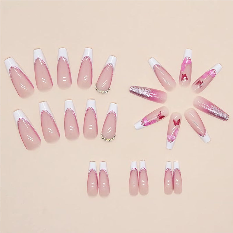 24 PCS Glitter Powder Butterfly Nail Art, Long Length Long Water Pipe Fake Nails,Square Head Nail Tips False Nail