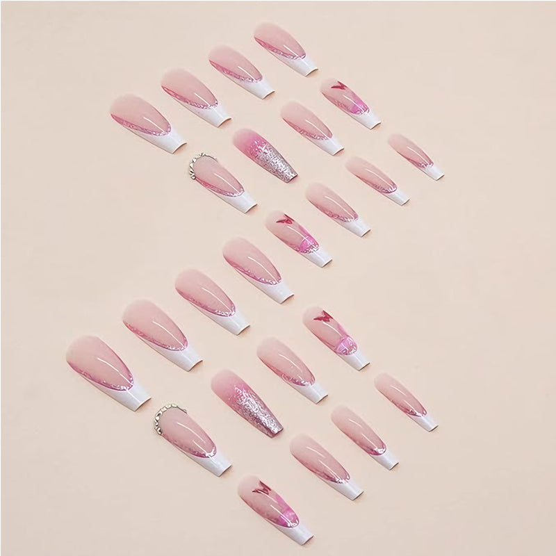 24 PCS Glitter Powder Butterfly Nail Art, Long Length Long Water Pipe Fake Nails,Square Head Nail Tips False Nail