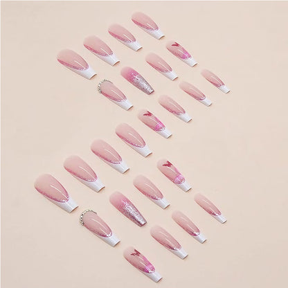 24 PCS Glitter Powder Butterfly Nail Art, Long Length Long Water Pipe Fake Nails,Square Head Nail Tips False Nail