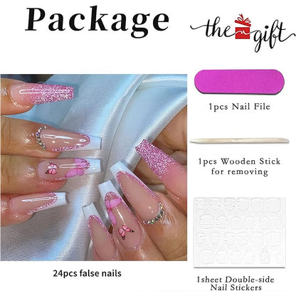 24 PCS Glitter Powder Butterfly Nail Art, Long Length Long Water Pipe Fake Nails,Square Head Nail Tips False Nail