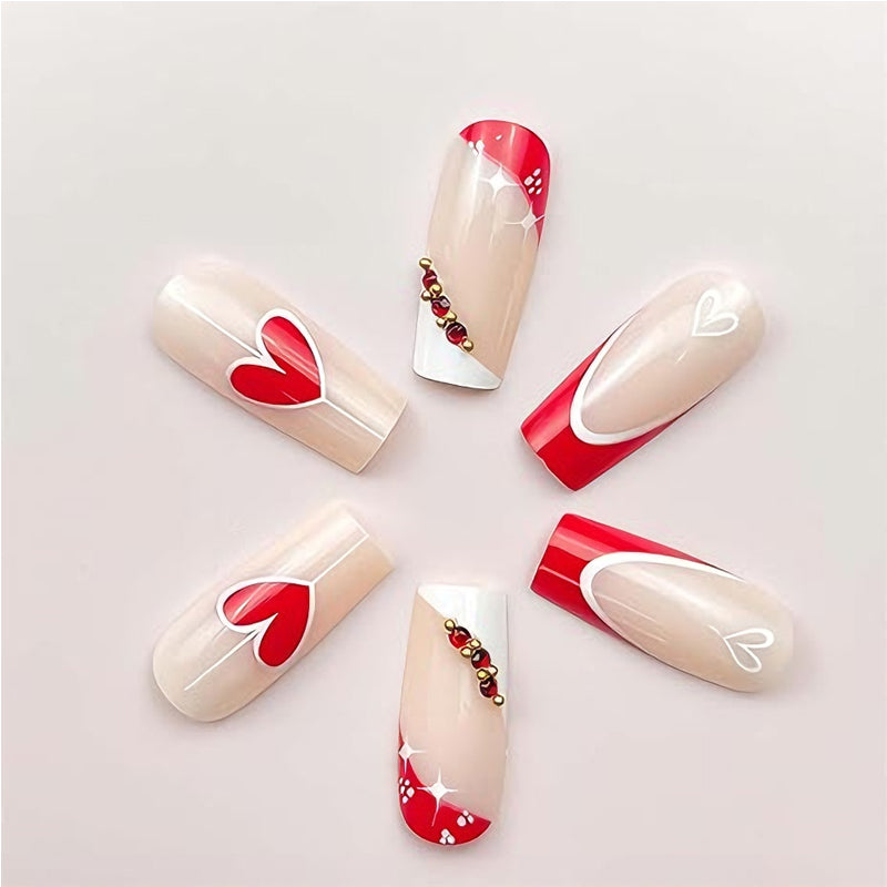 24 PCS Red And White Heart Nail Art, Long Length Long Water Pipe Fake Nails,Square Head Nail Tips False Nail